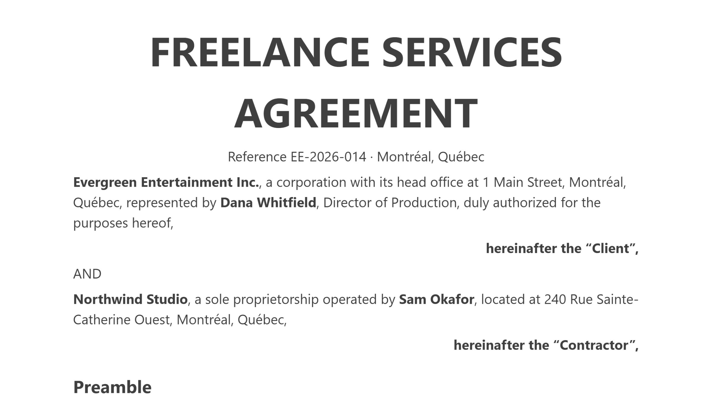 A note2it page right after importing a sample services agreement: a centred title, a centred reference line, bold party names, a right-aligned "hereinafter the Client" line, and a Preamble heading, all recovered from the PDF.